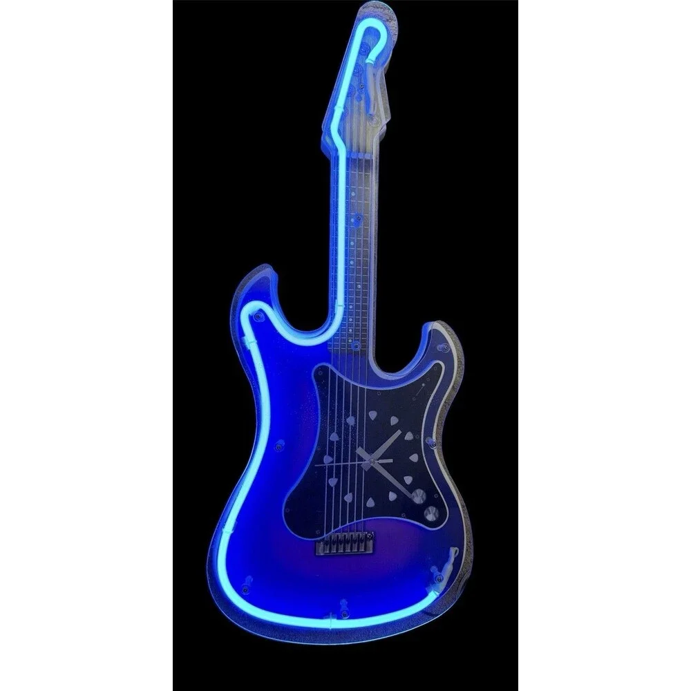 1990 Vintage Stratocaster Blue Neon Light Guitar Wall Clock 29 In & Adapter
